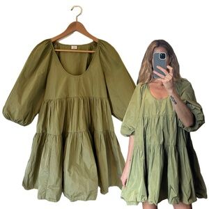 Wilfred Olive Green Oversized Fantasy Tiered Mini Puff Sleeve Ruffle Dress